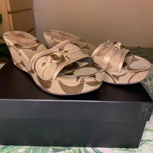 Coach Signature Canvas Tan Wedge Sandals with Gold Accent - Picture 1 of 6